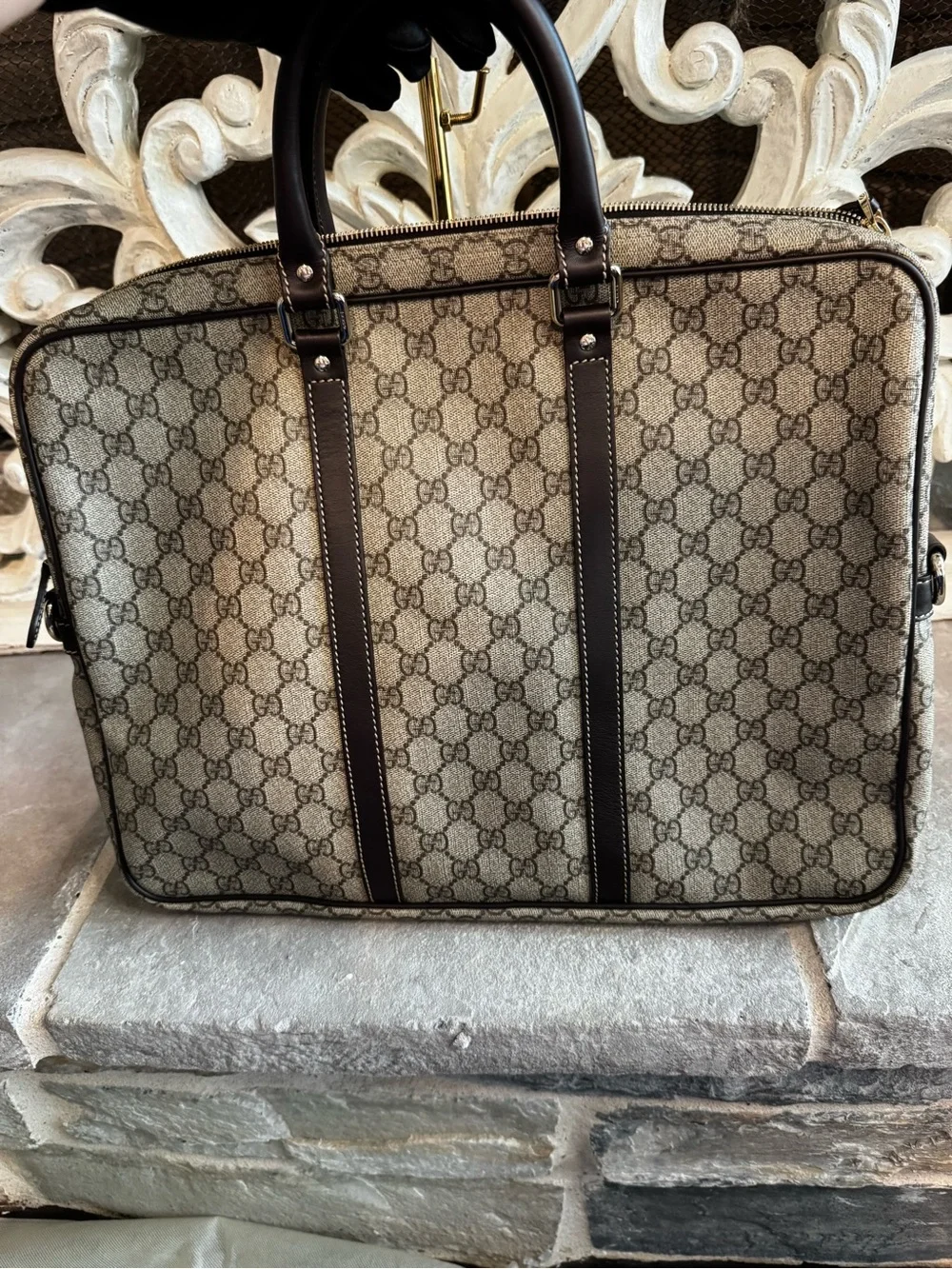 Gucci Beige GG Supreme Canvas Briefcase with Dark Brown Trim and COA